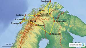 Karte der Busrundreise durch Lappland