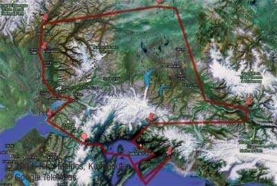 Karte der Tourenführung der Mietwagenrundreise Alaska Abseits der Turistenpfade