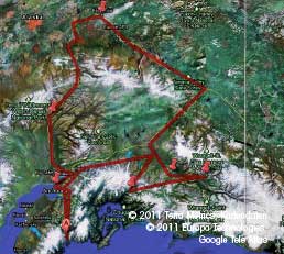 Karte der Mietwagenrundreise, Highlights von Alaska