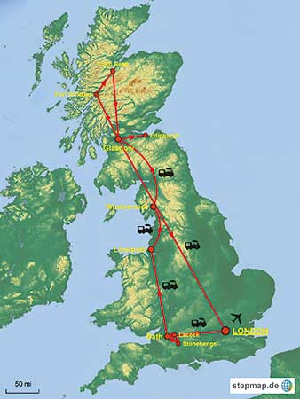 Karte der Strecke für die Zugrundreise Best of Britain.