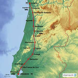 Karte der Strecke von Lissabon bis Porto
