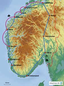 Routenverlauf der Autoreise Fjorde und Osttäler