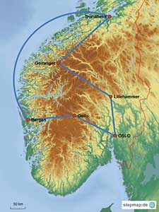 Karte des Streckenverlaufs der Autorundreise Norwegen zum Kennenlernen