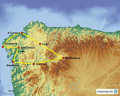 Die Karte der Mietwagenrundreise durch Galicien in Spanien, dem Ziel des Jakobsweges
