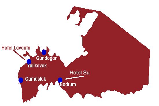 Karte von Bodrum mit unseren Unterkünften